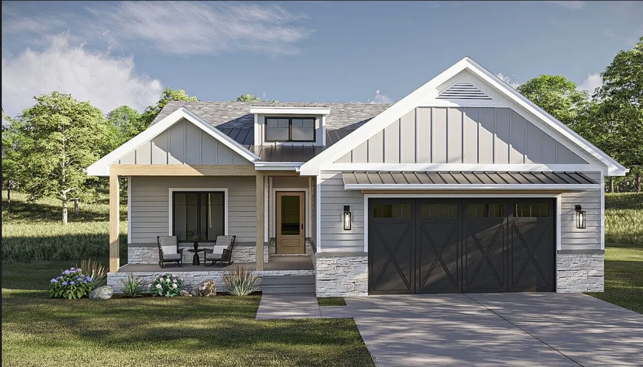 Single-family residence rendering with board-and-batten siding, stone wainscot, and covered porch, Albany, Georgia
