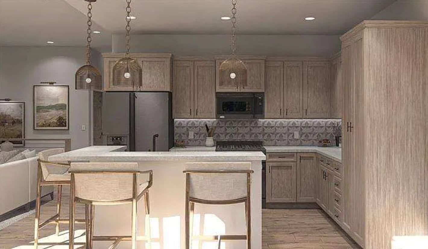 Kitchen rendering with oak cabinetry, patterned tile backsplash, and island seating