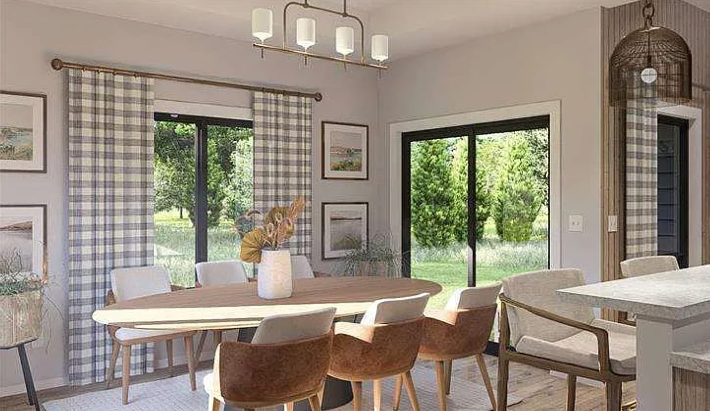 Dining room rendering with sliding glass doors and oval oak table