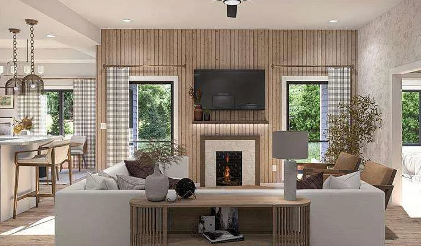 Living room rendering with paneled fireplace wall and plaid draperies