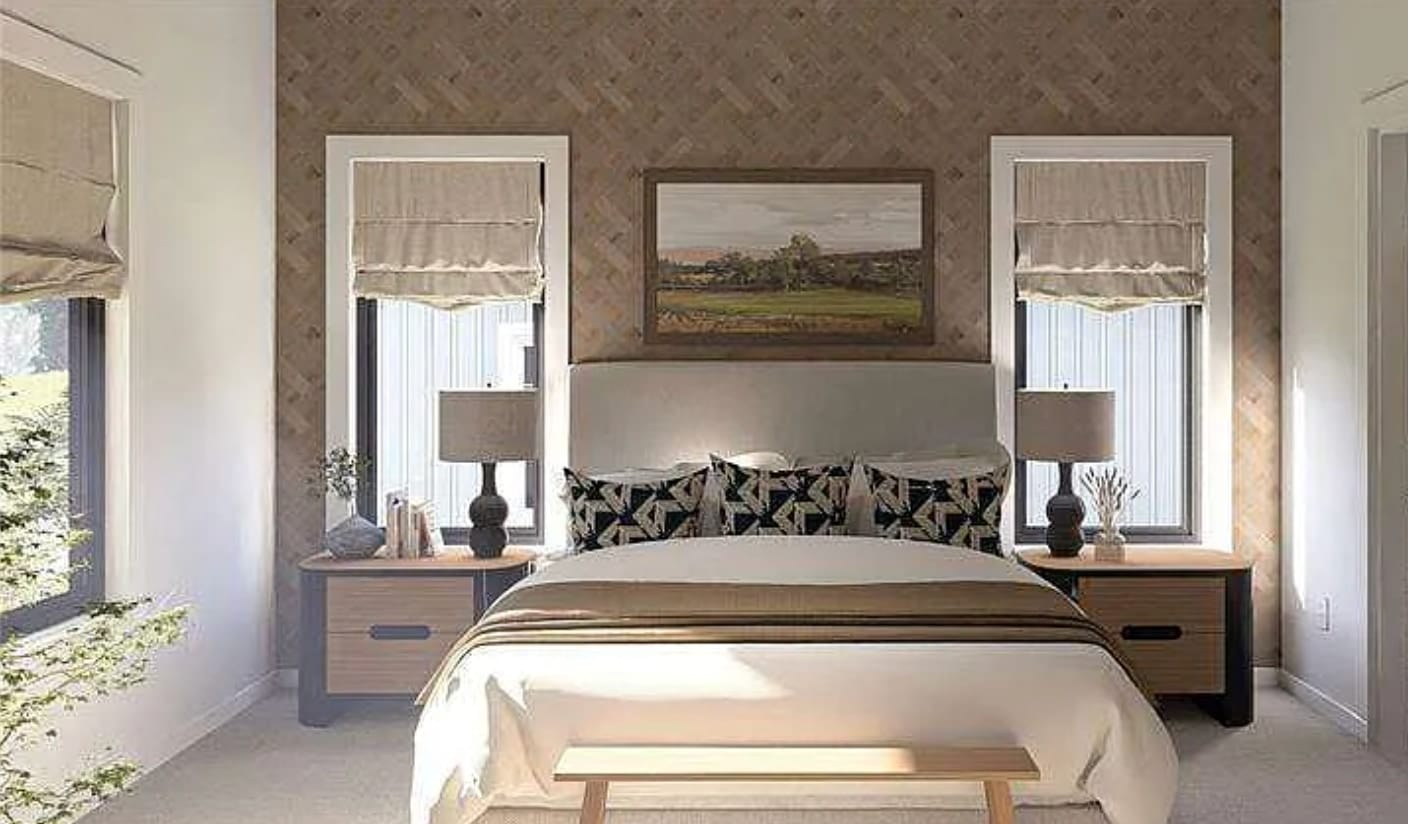Bedroom rendering with herringbone accent wall and paired windows