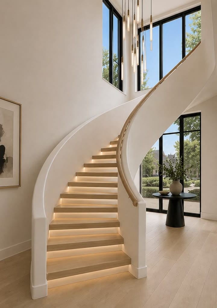 Curved staircase with white oak treads in a double-height entry