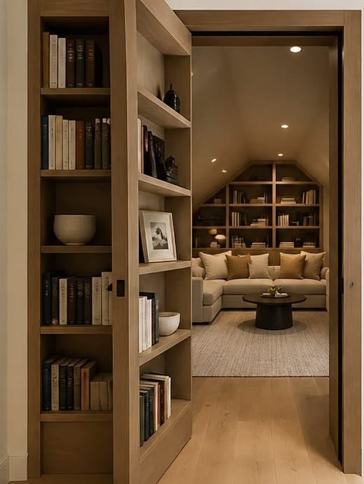 Concealed bookshelf door opening to a finished attic lounge