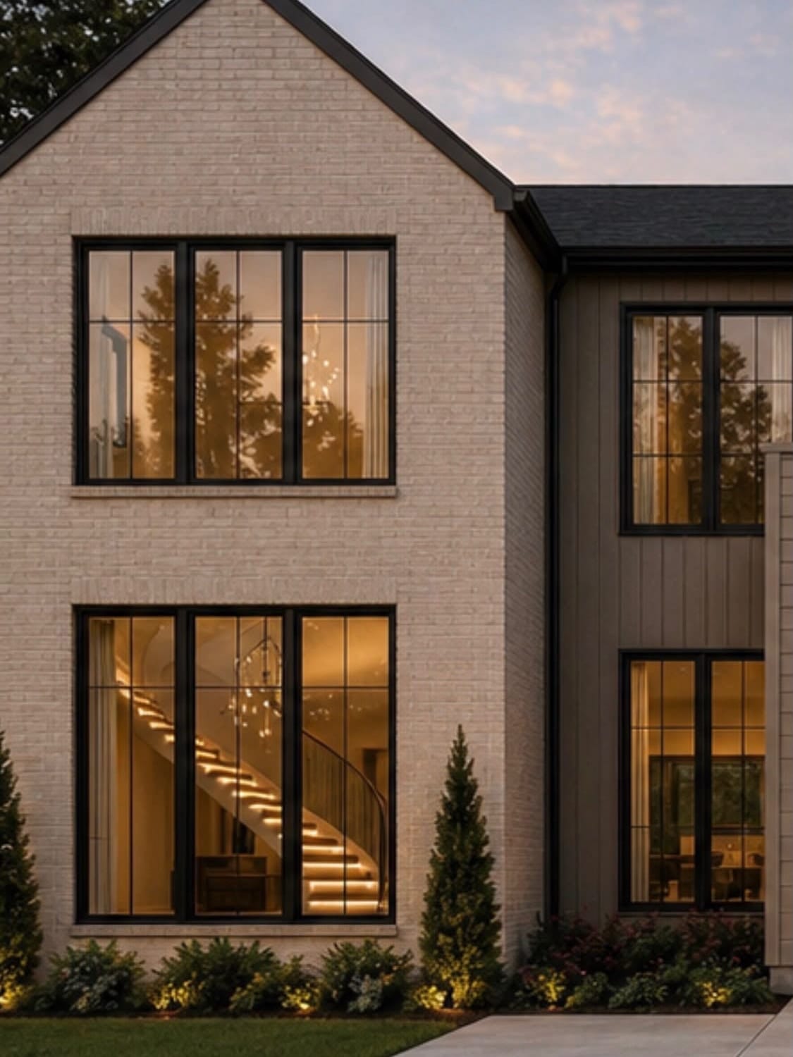 Brick facade detail with steel-framed windows at dusk